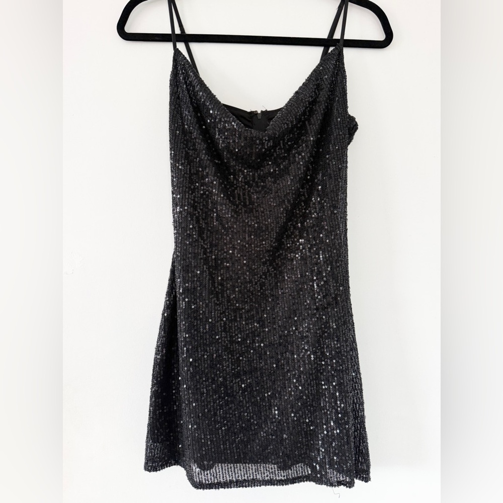 Windsor Black Sequin Sparkle Mini Dress Large Adjustable Strap Back Zip Party